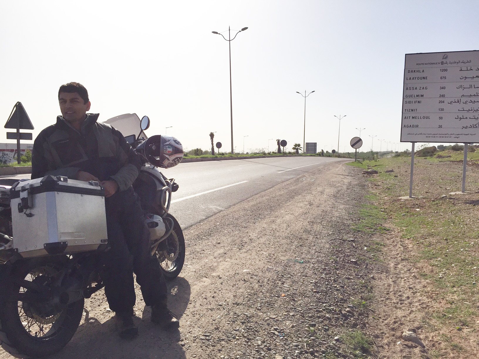 Sanjay Gupta on his motorcycle on the road to Agadir, Morocco
